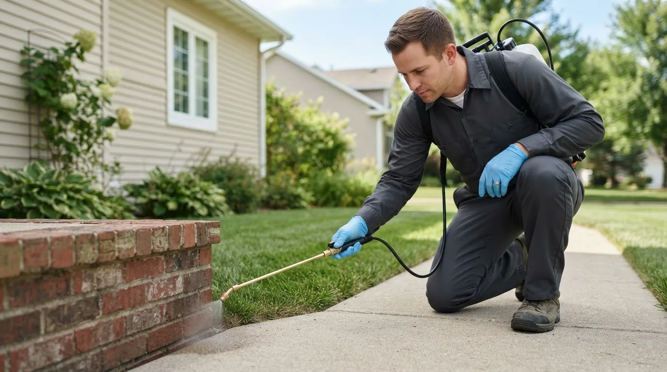 Pest control technician treating a home near Koshkonong, MO