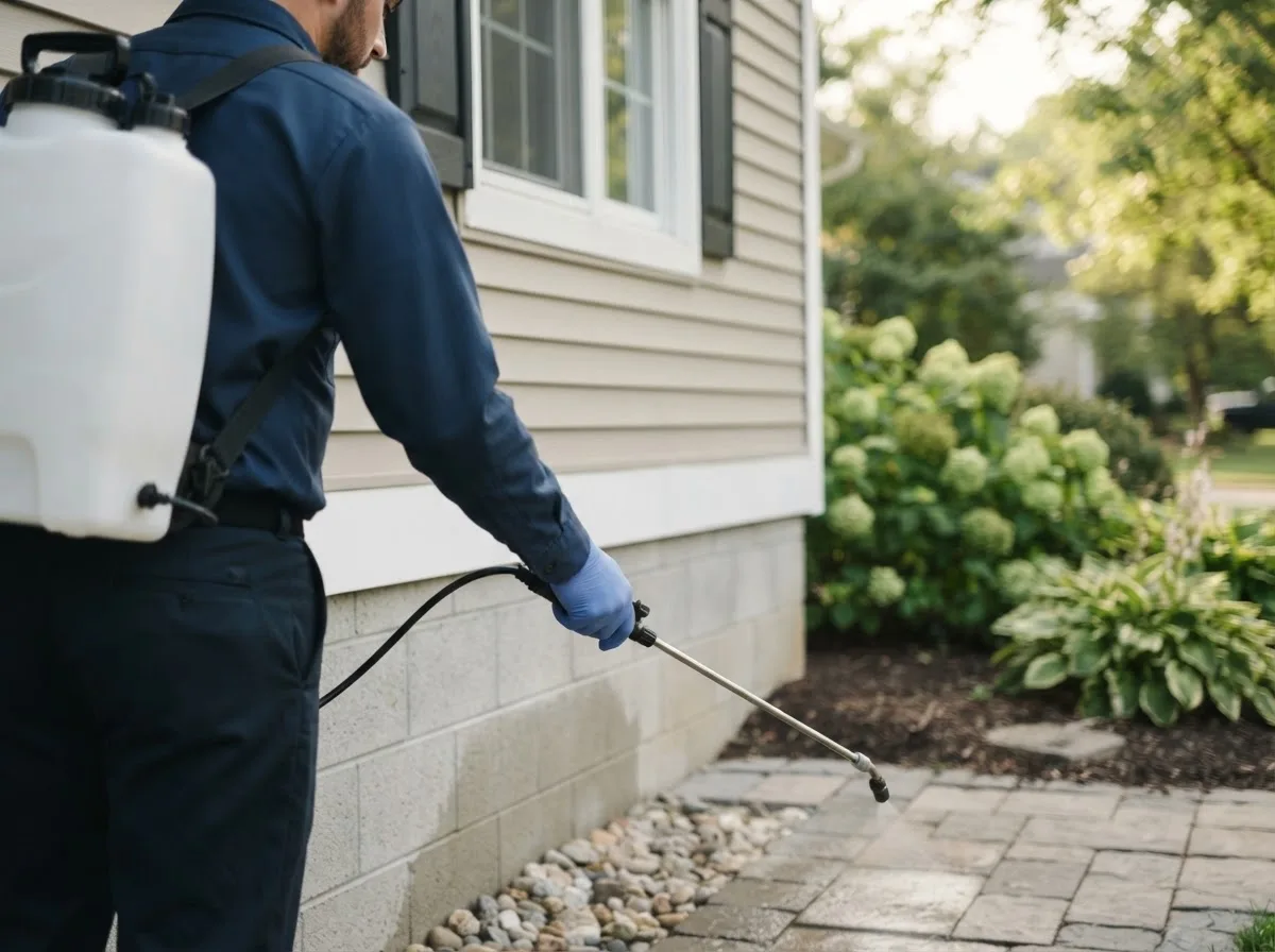 Pest control technician inspecting a home in Koshkonong, MO
